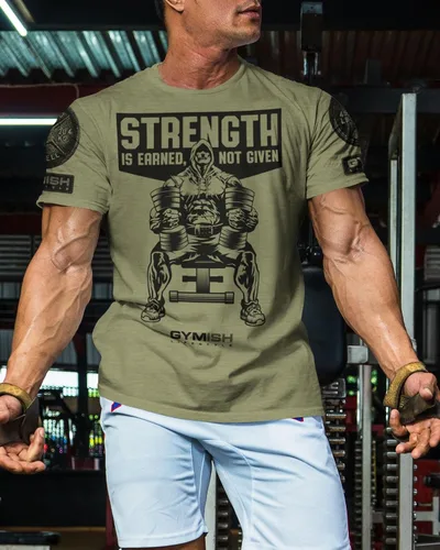 Vista 3 de Gymish Strength is Earned Not Given - Camiseta de entrenamiento para levantamiento de pesas para hombres