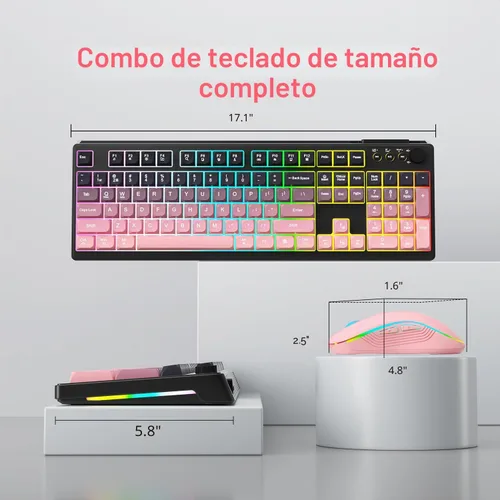 Vista 6 de Combo de teclado y mouse inalámbricos, batería recargable con retroiluminación RGB de 2000 mAh, teclados de computadora inalámbricos, teclado