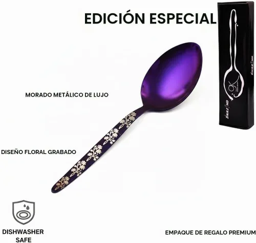Vista 8 de Chef Kunz Cuchara morada Cuchara de cocina plateada de acero inoxidable 18/10 Cuchara de cocina plateada de 9 pulgadas para salsar, chapar