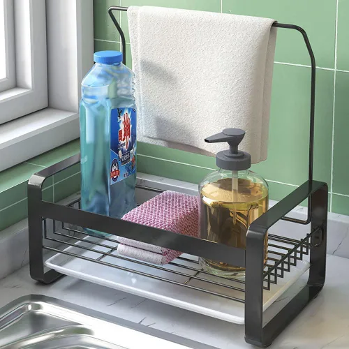 Vista 6 de Soporte de esponja con palo de trapo para fregadero de cocina, organizador de fregadero a prueba de óxido con piedra de secado instantáneo, soporte