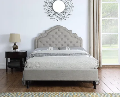 Vista 6 de Base de cama de plataforma tapizada King con cabecera de 51 pulgadas de alto, cama de tela con botones - Soporte de listones de madera con espacio