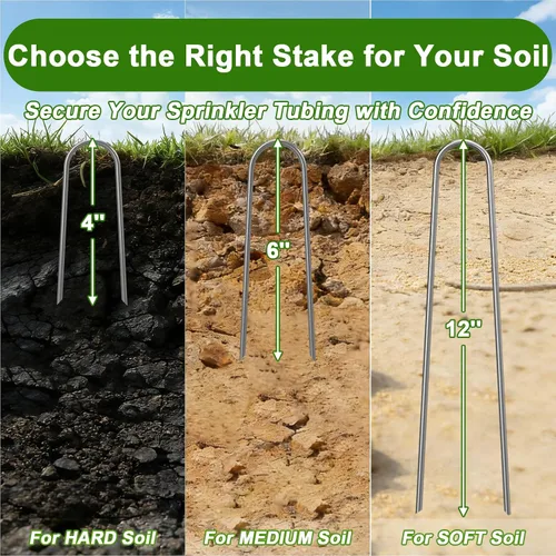Vista 3 de AAGUT Estacas de paisaje de 4 pulgadas, paquete de 80 estacas de riego por goteo de jardín, resistentes calibre 14, galvanizadas, ganchos en U