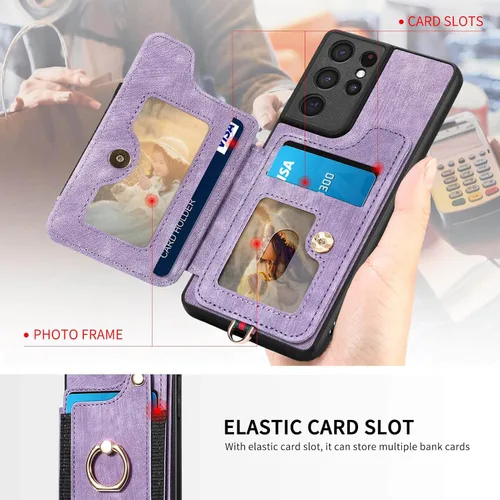 Vista 5 de Funda para Samsung S21 Ultra con tarjetero y soporte de anillo, bloqueo RFID, correa de muñeca, protector de cámara, cierre magnético de cuero