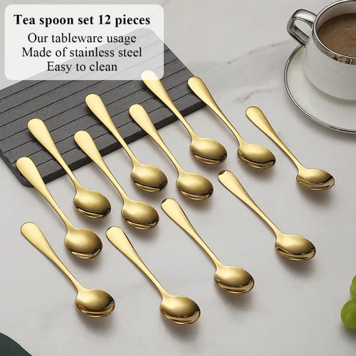 Vista 3 de Evanda 12 cucharaditas doradas, acero inoxidable chapado en titanio dorado, cuchara de té de 5.5 in, cubiertos para té, café, pasteles, postres