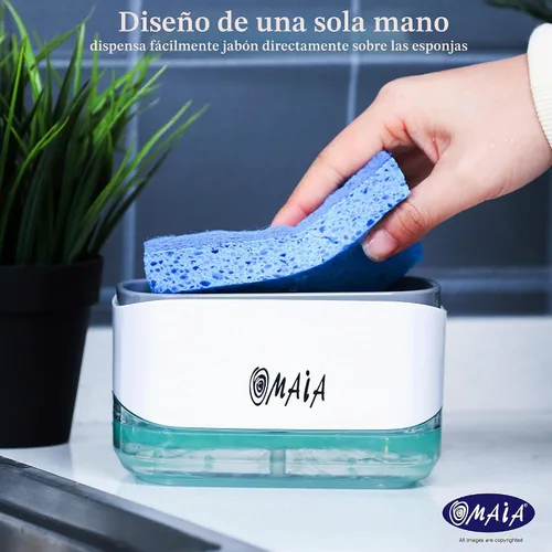 Vista 2 de OMAIA Dispensador de jabón para platos 2 en 1 con soporte para esponja, dispositivo de cocina inteligente, organizador de encimera de fregadero
