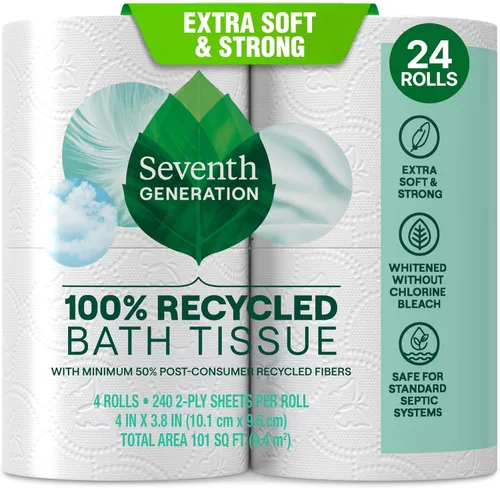 Vista 13 de Seventh Generation Papel higiénico, 100494_4pk, 1, 4 240 Sheets Per Roll, Extra Soft & Strong for Home & RV, Whitened without Chlorine Bleach, No