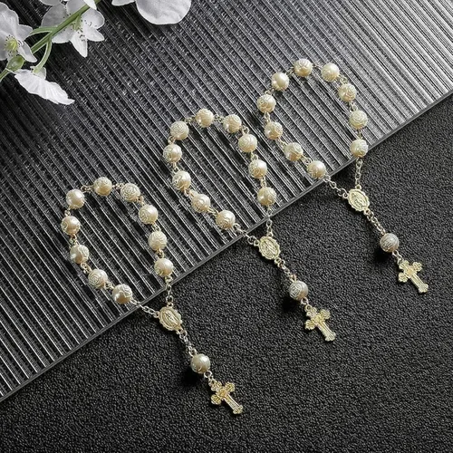 Vista 6 de Jadive Rosarios pequeños para bautizo, cuentas de rosario, rosarios para bautizo de dedo, a granel, con bolsas de organza, centros de mesa