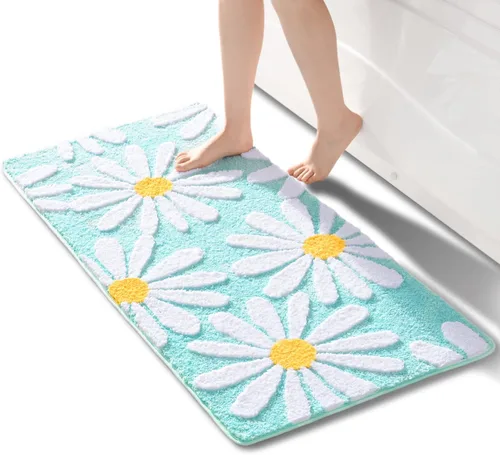 Vista 21 de QJHOMO Alfombra de baño beige con diseño de margaritas, decoración de flores blancas y amarillas, alfombra antideslizante de microfibra, súper