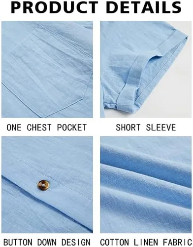 Vista 5 de Bbalizko Mens Short Sleeve Button Up Shirts Linen Cotton Beach Tops Spread Collar Plain Summer T Shirt with Pocket