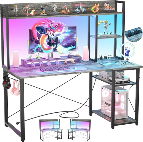 Vista 9 de Cyclysio Escritorio para juegos con gabinete, escritorio para computadora de 39 pulgadas con luces LED y tomas de corriente, escritorio de oficina