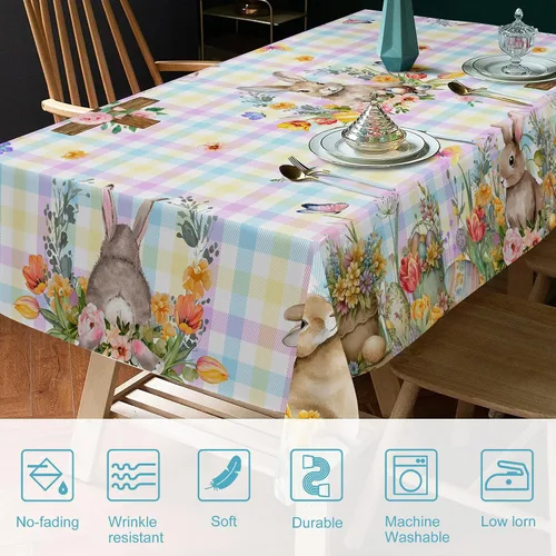 Vista 3 de Mantel Redondo de Pascua, Mantel Redondo de Mesa de Pascua de 70 Pulgadas con Conejo y Huevos, Cubierta de Mesa de Cocina a Cuadros Búfalo