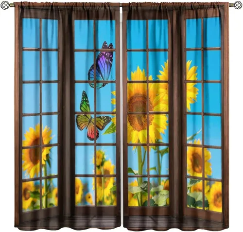 Vista 29 de Sunflower Curtains for Living Room Bedroom, Spring Nature Blue Sky and Butterfly Window Drapes, Rustic Wooden Fence Floral Botanical Decor, 2 Panels