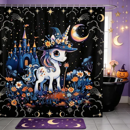 Vista 10 de Happy Halloween Shower Curtain,Bowknot Snowflake Pattern Bathroom Curtains,Sweet Ghost Holiday Theme Waterproof Bath Curtain,Black Bathroom Curtains