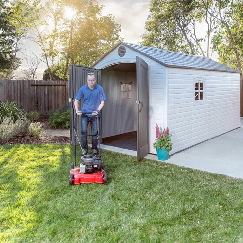 Vista 11 de Lifetime 60075 Cobertizo de almacenamiento para exteriores, 8 x 15 pies, arena del desierto, cobertizo de herramientas de resina para patio trasero
