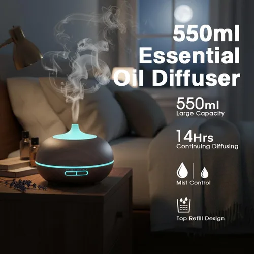 Vista 2 de Difusor de aceite esencial de gran capacidad de 550 ml con juego de 6 aceites esenciales, humidificador de aire ultrasónico para aromaterapia