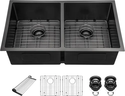 Vista 14 de Sarlai Fregadero de Cocina Dorado Bajo Encimera de 33 Pulgadas Doble Tazón 33 x 19 Pulgadas Bajo Dividido Dorado Estación de Trabajo Fregadero Doble