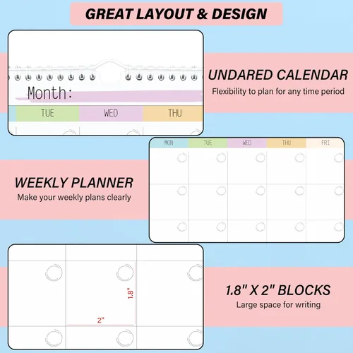 Vista 3 de Calendario de pared semanal mensual en blanco, planificador mensual sin fecha, bloc de notas para organizar la oficina en casa, 14.5 x 11.5 pulgadas