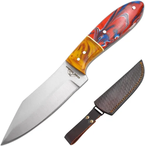 Vista 2 de Collection - Cuchillo de caza de hoja fija resistente, cuchillo afilado de acero inoxidable para exteriores con funda de cuero (BLP-2028)