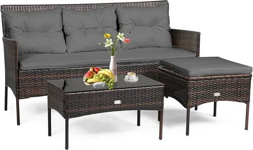 Vista 11 de RELAX4LIFE Juego seccional de muebles de patio de 3 piezas, conversación de mimbre de ratán con 5 cómodos cojines de asiento y respaldo, mesa
