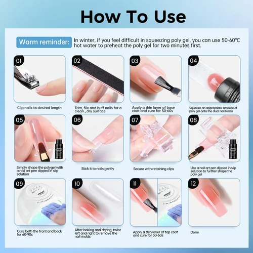 Vista 8 de JEWHITENY - Kit de uñas de gel poli con lámpara UV, 14 colores en tonos púrpura, desnudo, gris, negro, azul y purpurina, kit de iniciación con capa