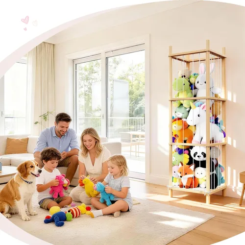 Vista 5 de Organizador grande de almacenamiento de animales de peluche y juguetes, 3 capas de 54 pulgadas de madera, lindo soporte de juguetes de zoológico