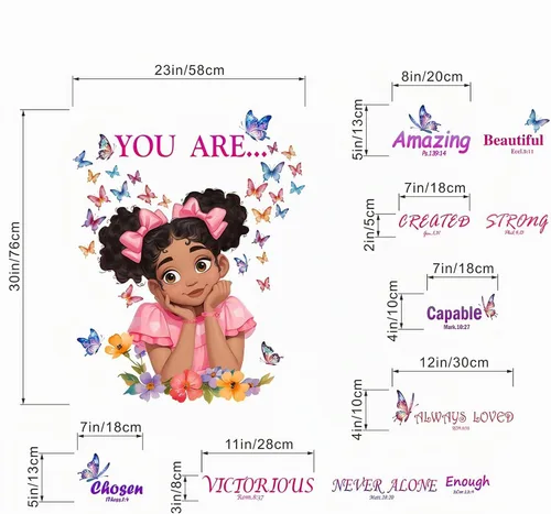 Vista 4 de Adhesivos de pared para dormitorio para niñas negras: calcomanías africanas americanas de mariposa inspiradoras de pelar y pegar - decoración