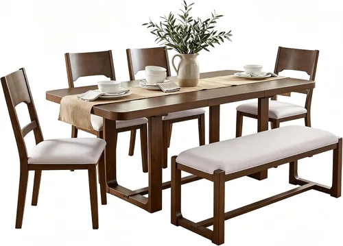 Vista 18 de Juego de mesa de comedor rústica de 6 piezas con mesa rectangular de caballete y 4 sillas tapizadas y banco, juego de mesa de comedor de cocina