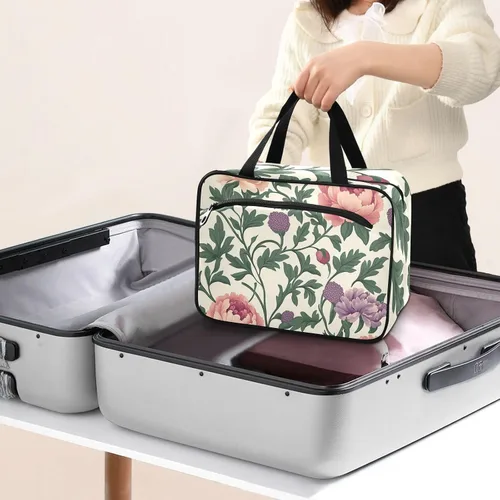Vista 8 de Neceser de viaje con gancho, diseño retro vintage de flores, hojas y flores, bolsa de afeitar expandible para hombres para mujeres, bolso de viaje