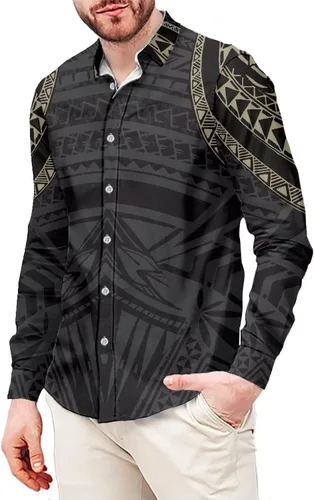Vista 26 de Camisas polinesias para hombre con patrones de hojas tropicales polinesias, camisa hawaiana de manga larga para hombre, ropa de vacaciones de otoño
