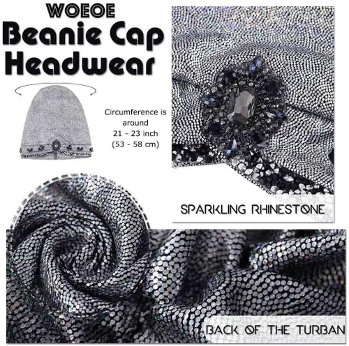 Vista 5 de Woeoe Turbante africano con diamantes de imitación, gorro de cabeza con cristales brillantes, turbantes preatados para mujeres y niñas, color negro