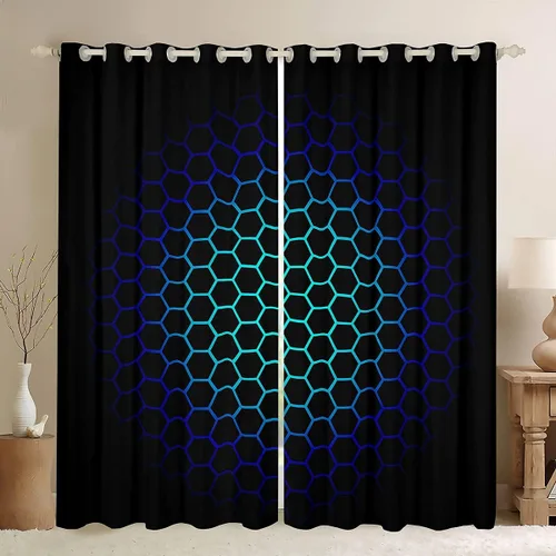 Vista 46 de Feelyou - Cortinas de ventana en forma de panal, tema geométrico hexagonal con luces de neón verdes, para chicos adolescentes y hombres, elegante