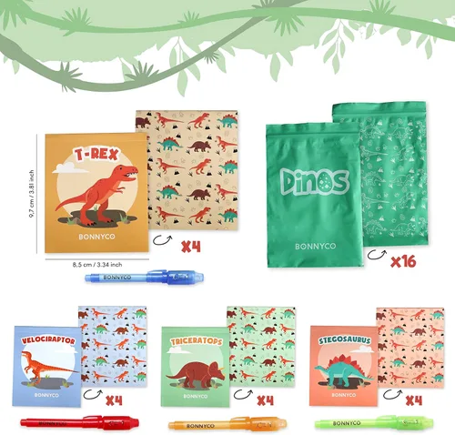 Vista 5 de BONNYCO - Bolígrafo de tinta invisible y cuaderno; paquete de 16 unidades de recuerdos de fiesta de dinosaurios para niños; suministros para fiestas