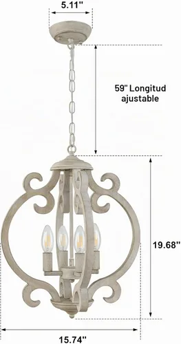 Vista 5 de Candelabro de Granja de 4 Luces, Candelabro de Madera Rústica Orbe Desgastado Lámpara Colgante de Estilo Campestre Francés Lámparas de Techo