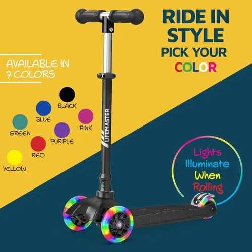 Vista 8 de Lifemaster Mini 3-Wheel Kids Scooter with Multi-Color Wheel Lights – 4-Height Adjustable Handlebar, Wide Anti-Slip Deck, Child Safety Certified