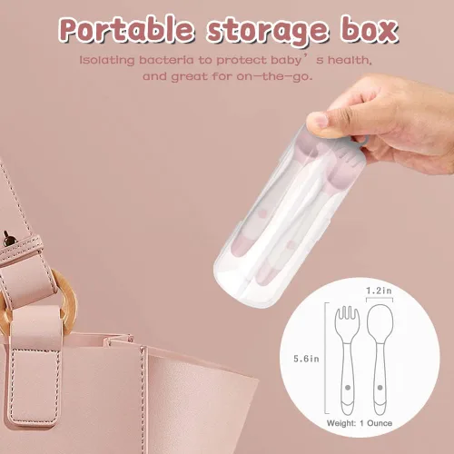 Vista 6 de Utensilios para niños pequeños con estuche de viaje, cuchara y tenedor para el aprendizaje de autoalimentación, cubiertos con mango flexible