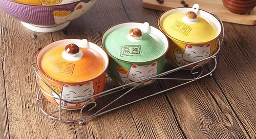 Vista 6 de Cerámica japonesa Maneki Neko Lucky Cat Azúcar Sal Pimienta Tarro de almacenamiento con tapa y cuchara