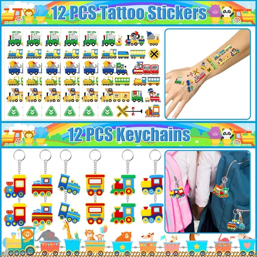Vista 4 de Erweicet Recuerdos de fiesta de tren, 72 unidades, calcomanías de bricolaje, tatuajes temporales, llaveros, pajitas de plástico, bolsas de regalo