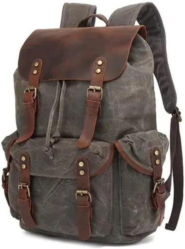 Vista 6 de Mochila de cuero genuino y lona encerada para viaje, mochila para portátil, Negro2, Mochilas de viaje