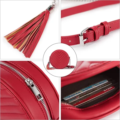Vista 6 de Realer Bolso bandolera redondo con borla circular para mujer, cartera pequeña de noche con cadena