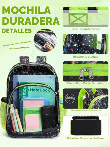 Vista 2 de BLUEFAIRY Mochila transparente para estadio escolar, mochila transparente de PVC resistente, grande, bolsa transparente, Verde, Moderno