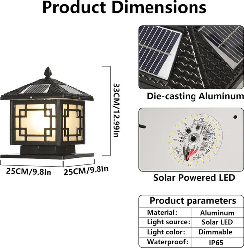 Vista 9 de SLAWA Farol de Iluminación Solar de 9.8 Pulgadas para Exteriores, Luz para Tapas de Postes con Lámpara de Columna LED Alimentada por Energía Solar