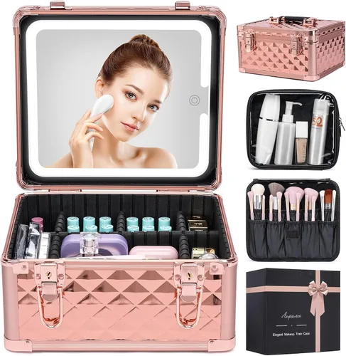 Vista 8 de Estuche de maquillaje con espejo LED, estuche rígido de viaje con espejo iluminado recargable y divisores ajustables, bolsa de almacenamiento