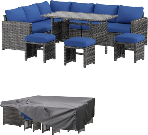 Vista 9 de AECOJOY Juego de muebles de patio al aire libre, 7 piezas de mesa de comedor y sillas seccionales de ratán, sofá de conversación de mimbre para todo