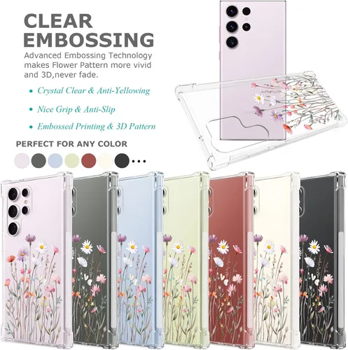 Vista 2 de FL-37 - Funda transparente floral para Galaxy S23 Ultra 5G para mujeres/niñas, bonita funda de teléfono para Samsung Galaxy S23 Ultra, diseño