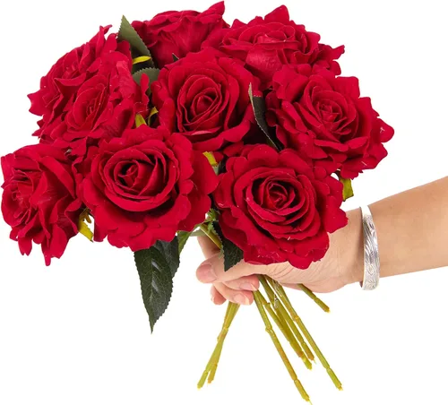 Vista 10 de 12 rosas artificiales de terciopelo de 12 pulgadas con tallo y hojas, flores aterciopeladas para decoración del hogar, centro de mesa, suministro
