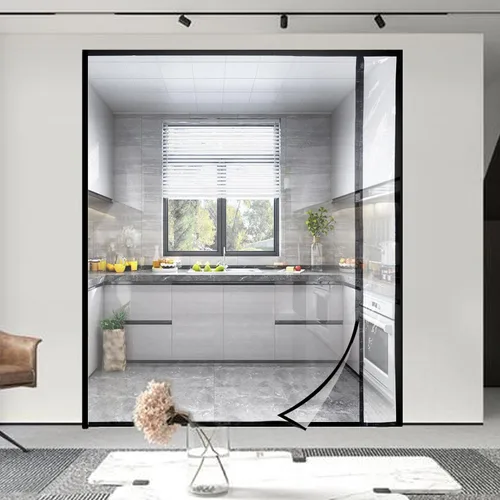 Vista 9 de Cortina de puerta aislada reversible transparente con apertura lateral izquierda o derecha, cubierta térmica magnética de puerta con mosquitera