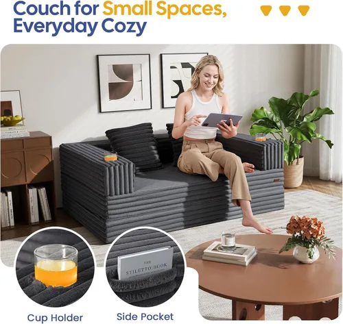 Vista 3 de COMAX Sofá cama futón, sofá cama convertible 4 en 1, sofás deshuesados para sala de estar, sofá biplaza plegable pequeño plegable que ahorra Gris