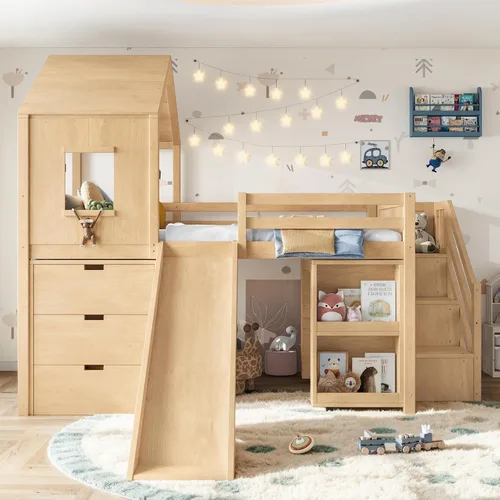 Vista 12 de SOFTSEA Cama tipo loft con tobogán, almacenamiento y escritorio para niños Natural