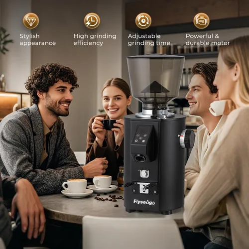 Vista 7 de Molinillo de café comercial resistente, control de botón de rebabas planas de 2.520 in, color negro 8 Precise Grind Settings, Stainless Steel