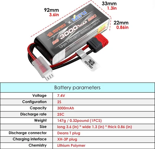 Vista 2 de sea jump 2 unids 2S 7.4 V 25C 3000 mAh batería con T enchufe para MJX H16E H16P H16PL H16BM H16DR H16GT 14301 JC16EP M161 RC control remoto coche